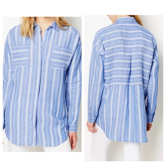 J. Jill Love Linen Relaxed Patch Pocket Striped Tunic Sz L - Picture 1 of 10